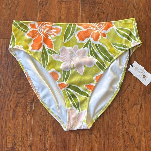 * NWT Shade & Shore XL (16) Ribbed High Waist Floral Bikini Swim Bottom Tropical - Picture 2 of 6
